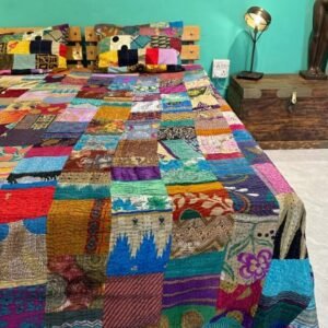 King-Size Bohemian Patchwork Kantha Quilt - Handmade Vintage Bedding